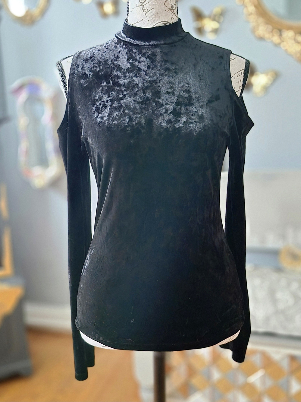 Mossimo Supply Co. Vintage Y2K Black Velvet Cold-Shoulder Mock Neck Top XS